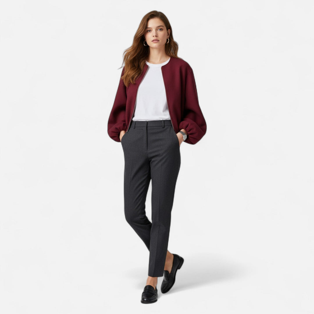 Women's Retro Zip Bomber Jacket – Round Neck, Casual Urban Style