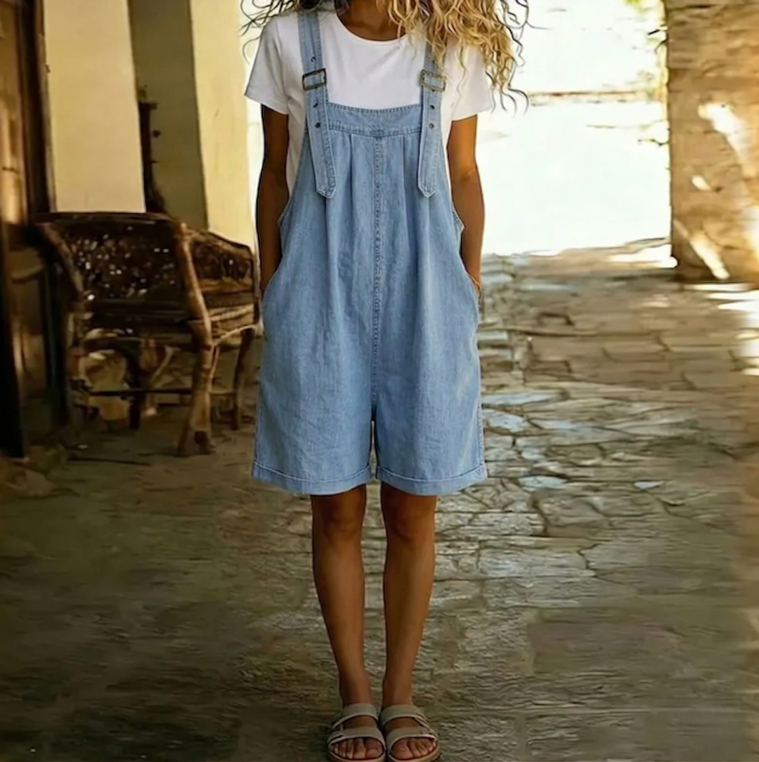 Clara | Salopette in Soft Cotton Denim with Vintage Washed Light Blue Effect