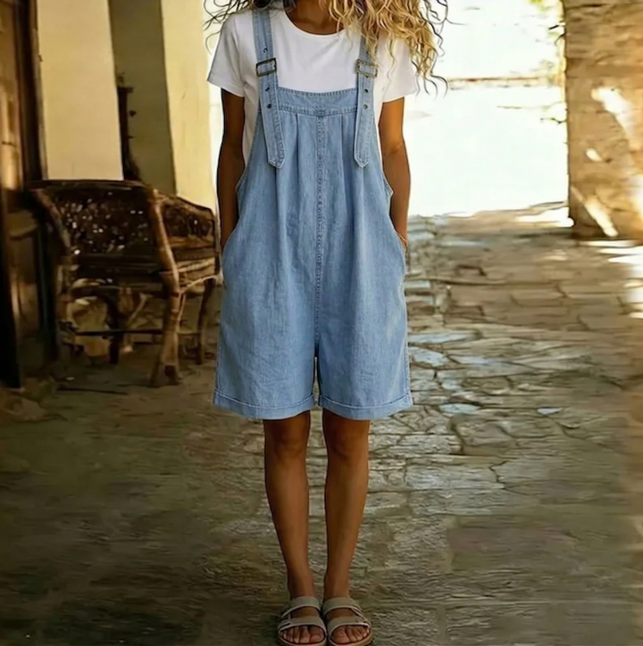 Clara | Salopette in Soft Cotton Denim with Vintage Washed Light Blue Effect