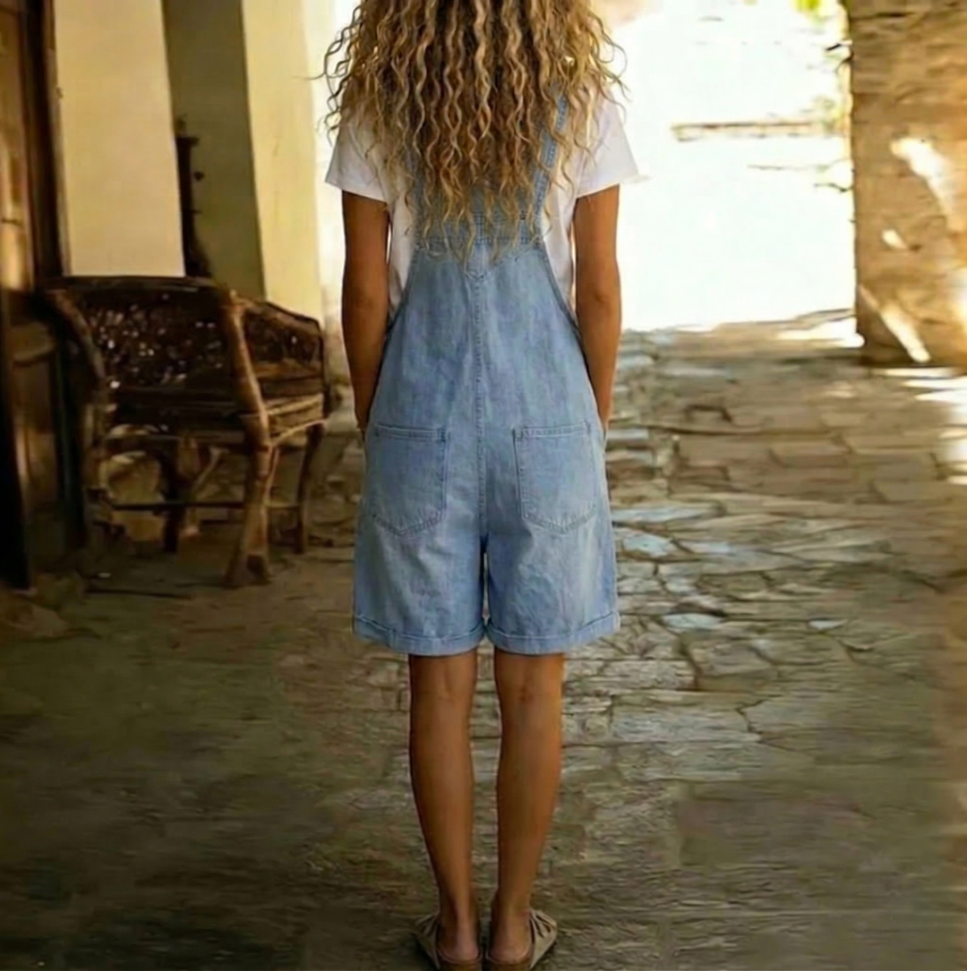 Clara | Denim Dungarees in Soft Cotton with Vintage Wash in Light Blue