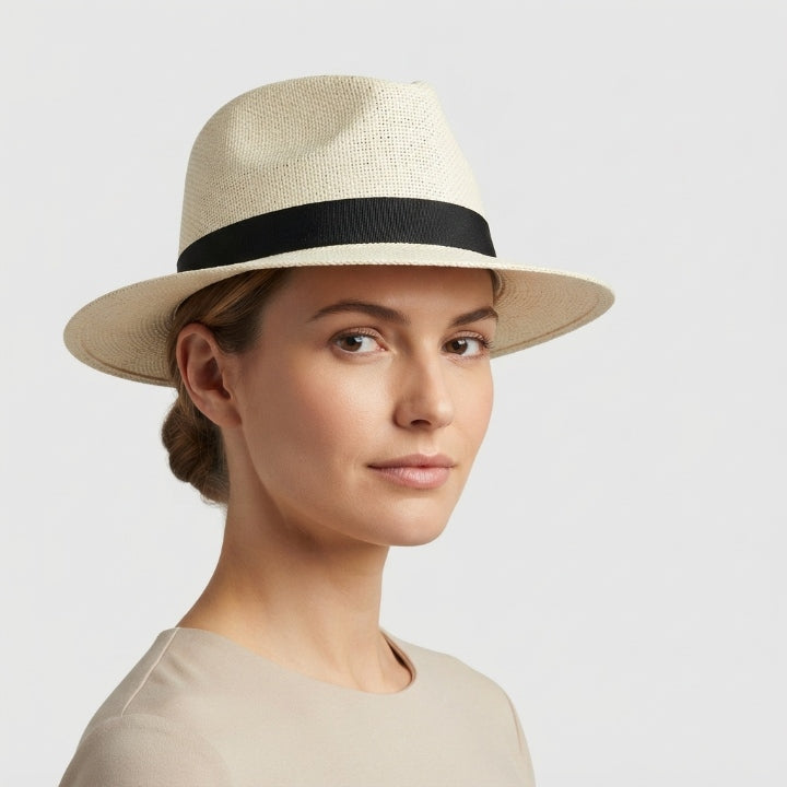 Ladies Straw Fedora-Style Hat with UV Protection – Hand-Woven
