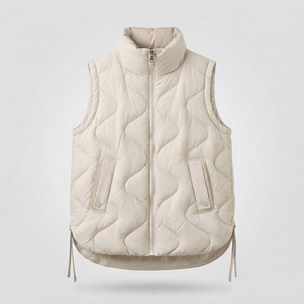 Women's Sleeveless Microfiber Insulation Vest with Wavy Quilting and Adjustable Drawstring Hem, view 8 - Elena Harper