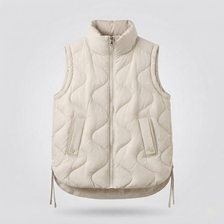 Women's Sleeveless Microfiber Insulation Vest with Wavy Quilting and Adjustable Drawstring Hem, view 8 - Elena Harper