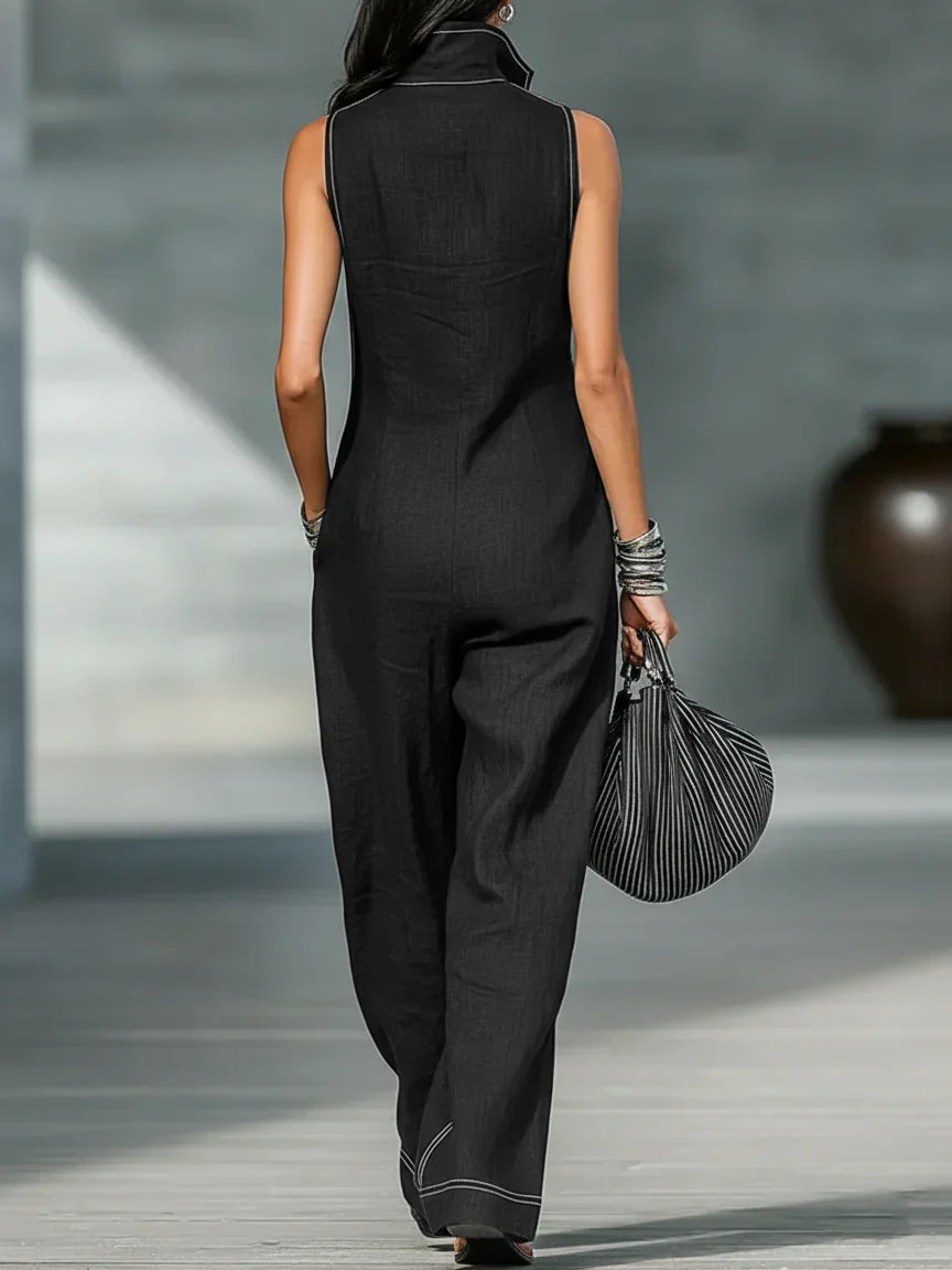 Women's Sleeveless Jumpsuit with Chic White Trim