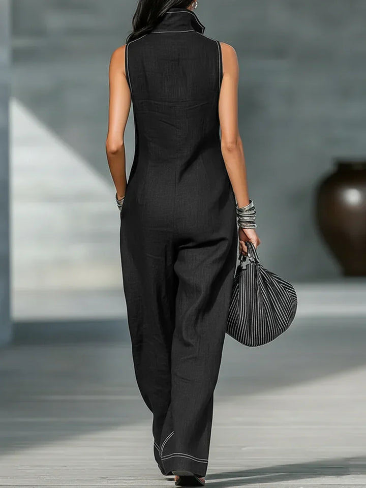 Women's Sleeveless Jumpsuit with Chic White Trim