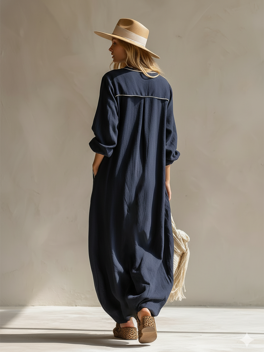 Elegant Urban-style Navy Blue Cotton And Linen Maxi Dress