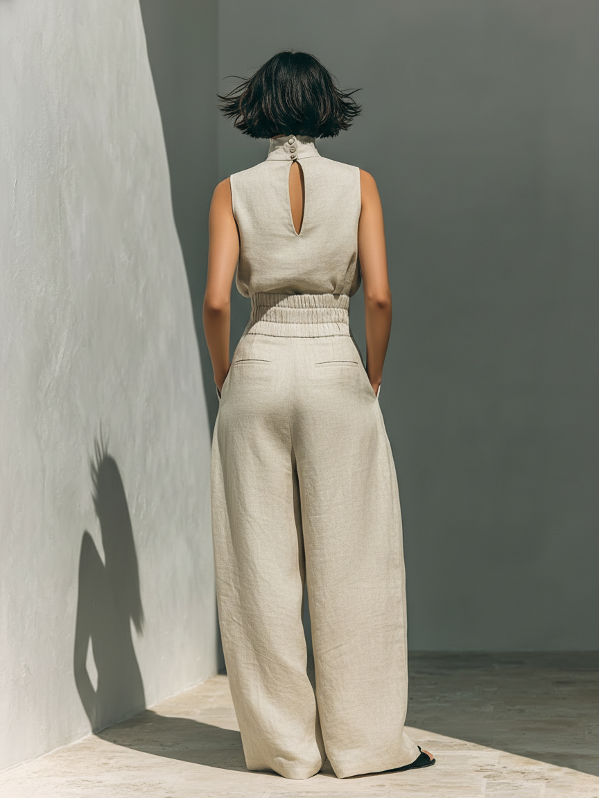 Maria Women's Minimalist Cotton and Linen Tank Top & Wide-Leg Pants Set, view 5 - Elena Harper