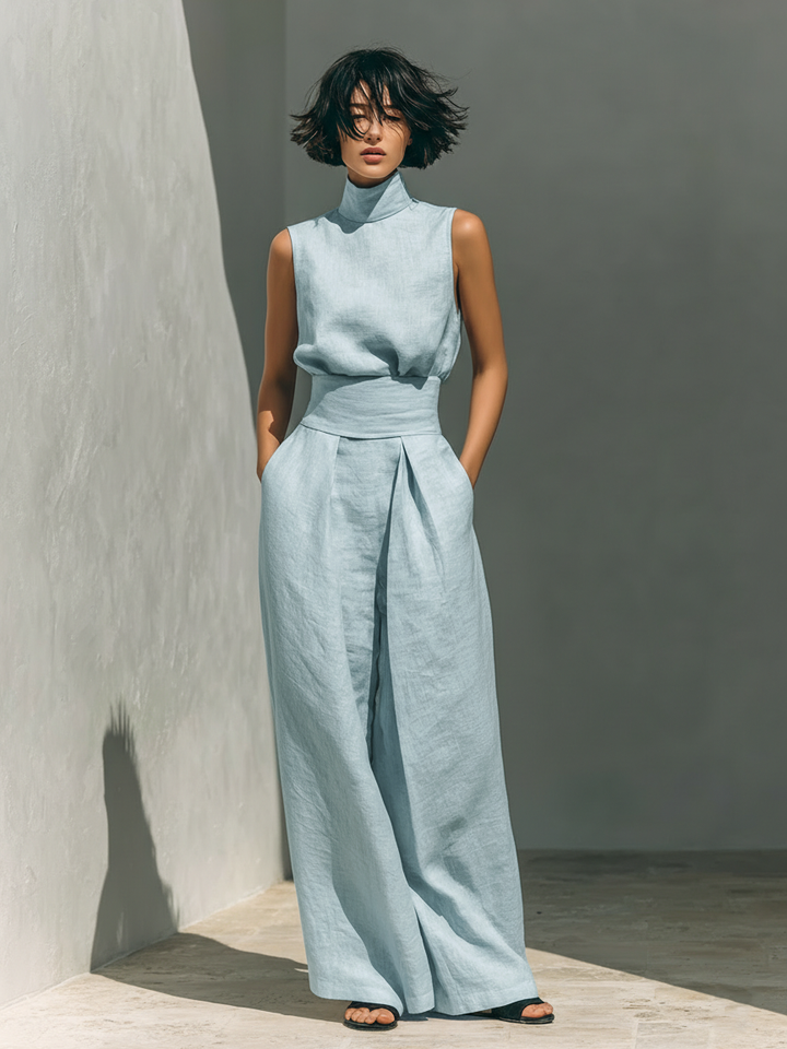 Maria Women's Minimalist Cotton and Linen Tank Top & Wide-Leg Pants Set, view 3 - Elena Harper