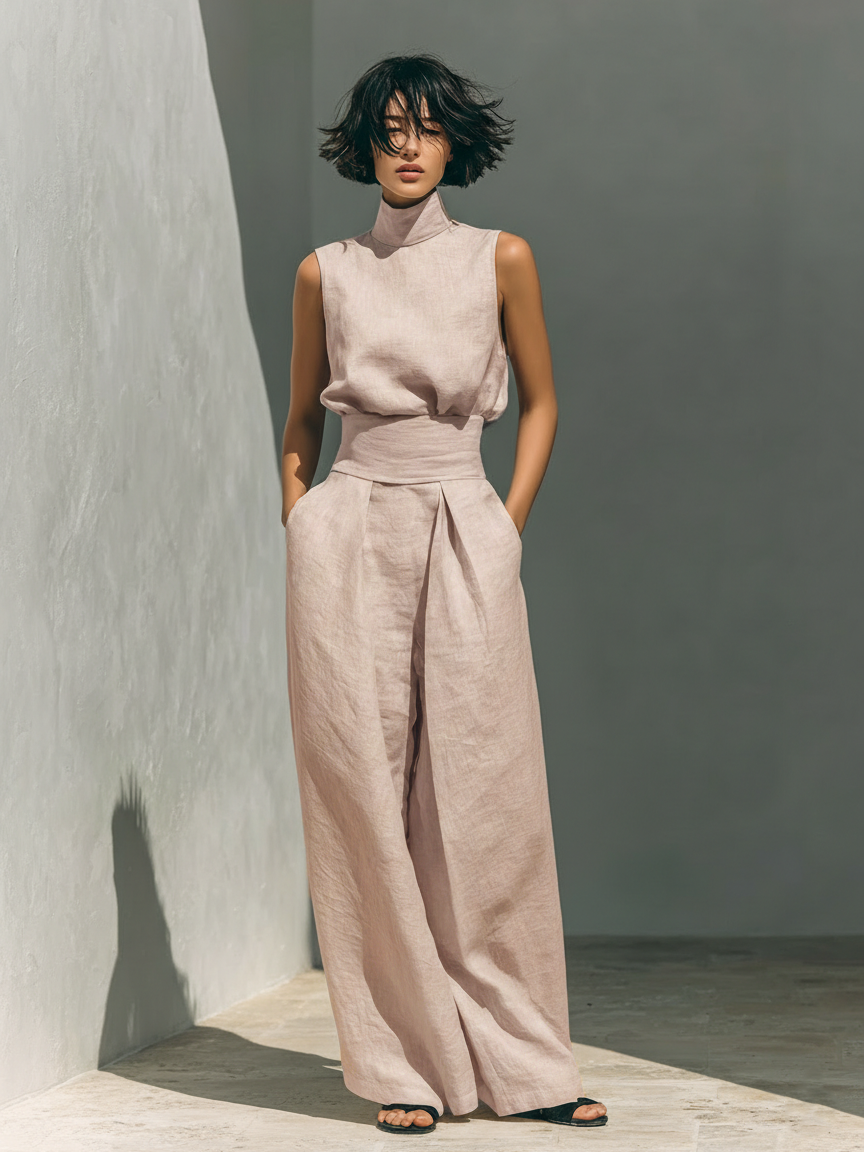 Maria Women's Minimalist Cotton and Linen Tank Top & Wide-Leg Pants Set, view 4 - Elena Harper
