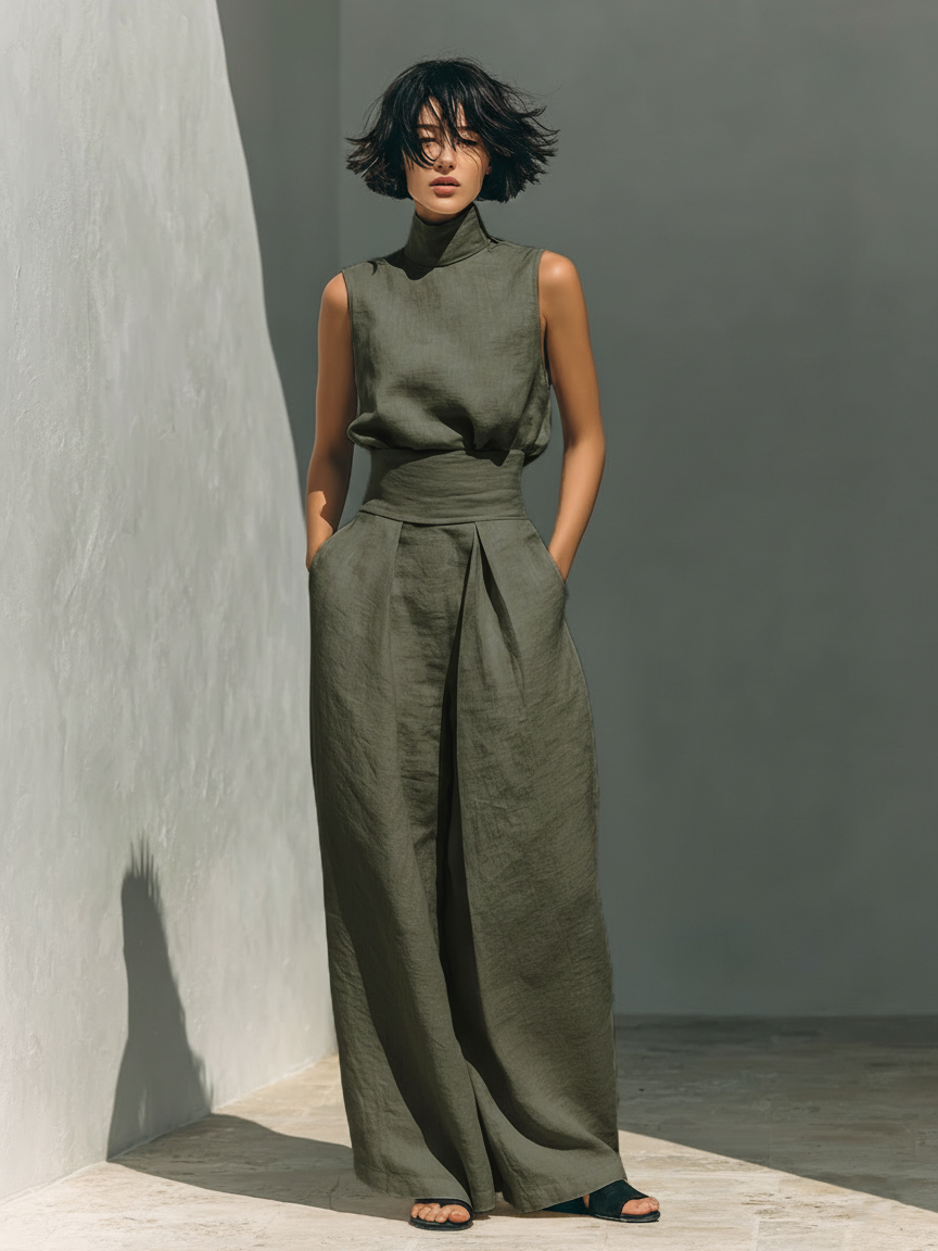 Maria Women's Minimalist Cotton and Linen Tank Top & Wide-Leg Pants Set, view 2 - Elena Harper