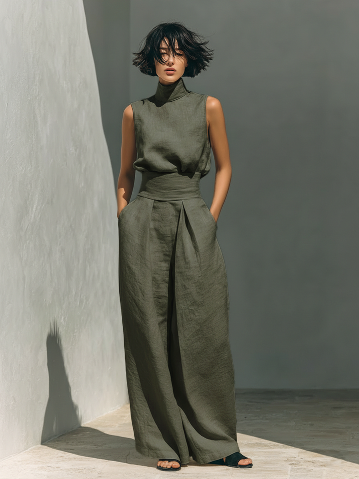 Maria Women's Minimalist Cotton and Linen Tank Top & Wide-Leg Pants Set, view 2 - Elena Harper