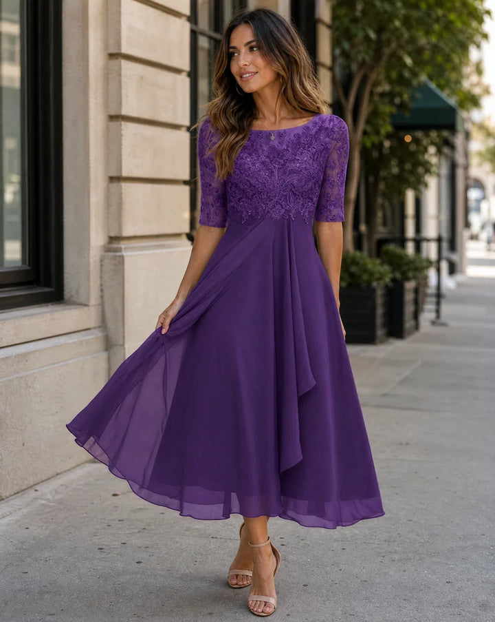 Women's Round Neck Lace Midi Dress with Pockets