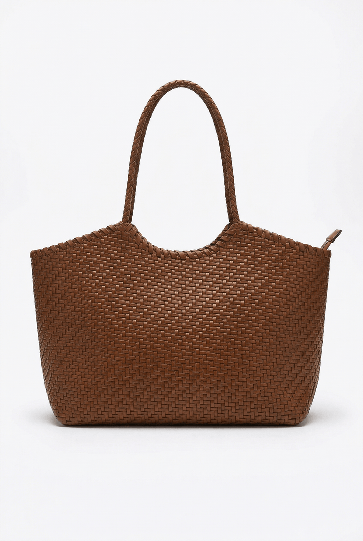 Emma & Rose Cape Town Karla woven shoulder bag, structured design standing upright on white background with soft shadows.