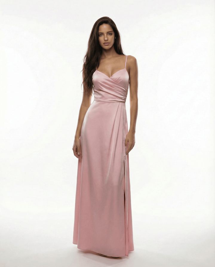 Elegant long dress by Emma & Rose Cape Town featuring a stylish neckline, perfect for formal occasions.