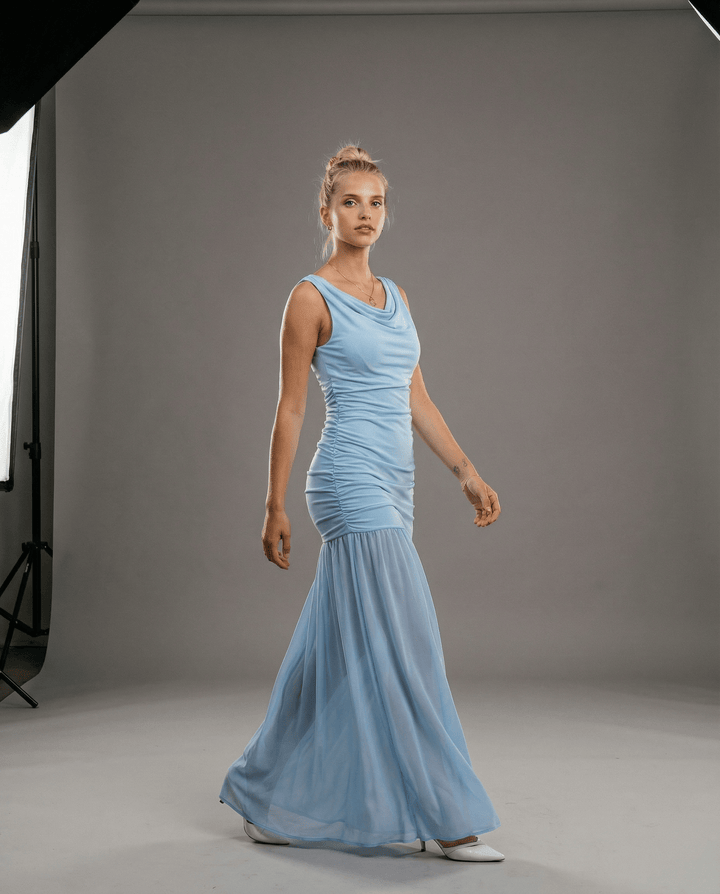 Amanda™ Draped Long Dress by Emma & Rose Cape Town, elegant abiti with flowing fabric and stylish draped design.