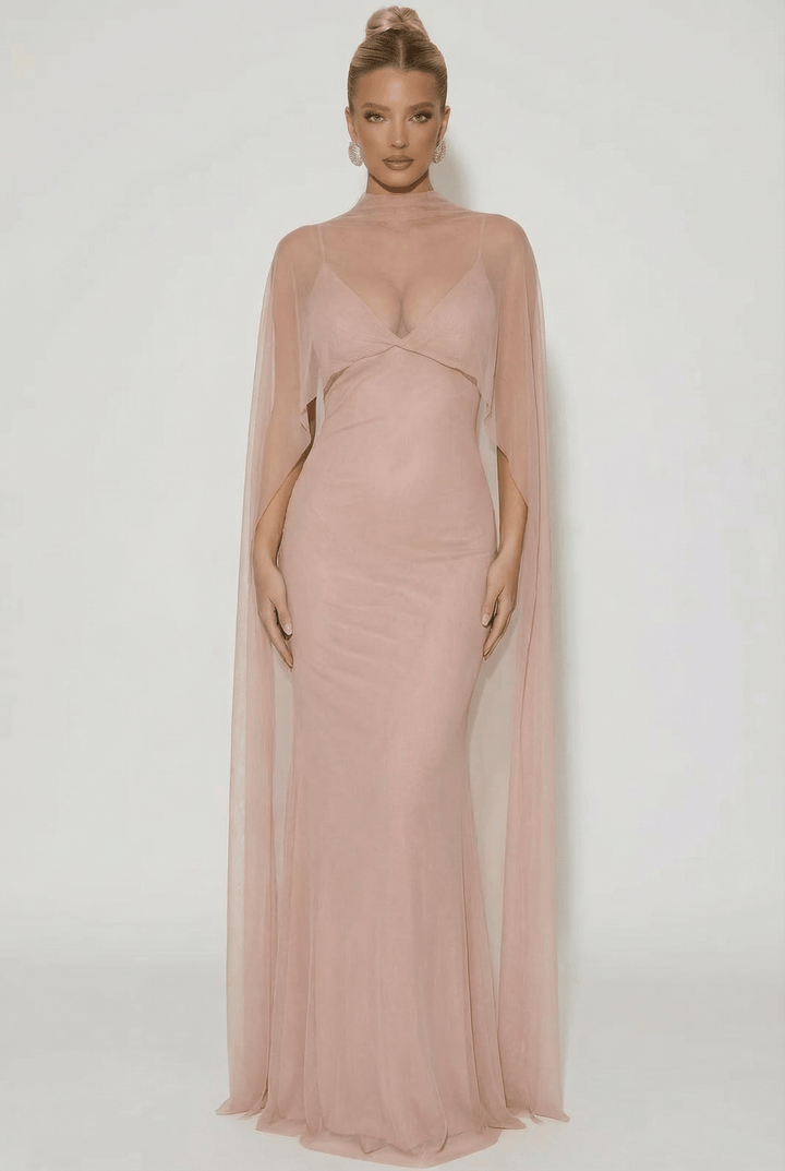 Heleen™ long dress by Emma & Rose Cape Town with soft, luxurious fabrics and stylish cape detail, perfect for elegant occasions.