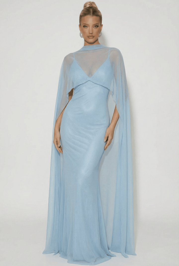Heleen™ long dress by Emma & Rose Cape Town featuring soft, luxurious fabrics and an elegant cape detail.