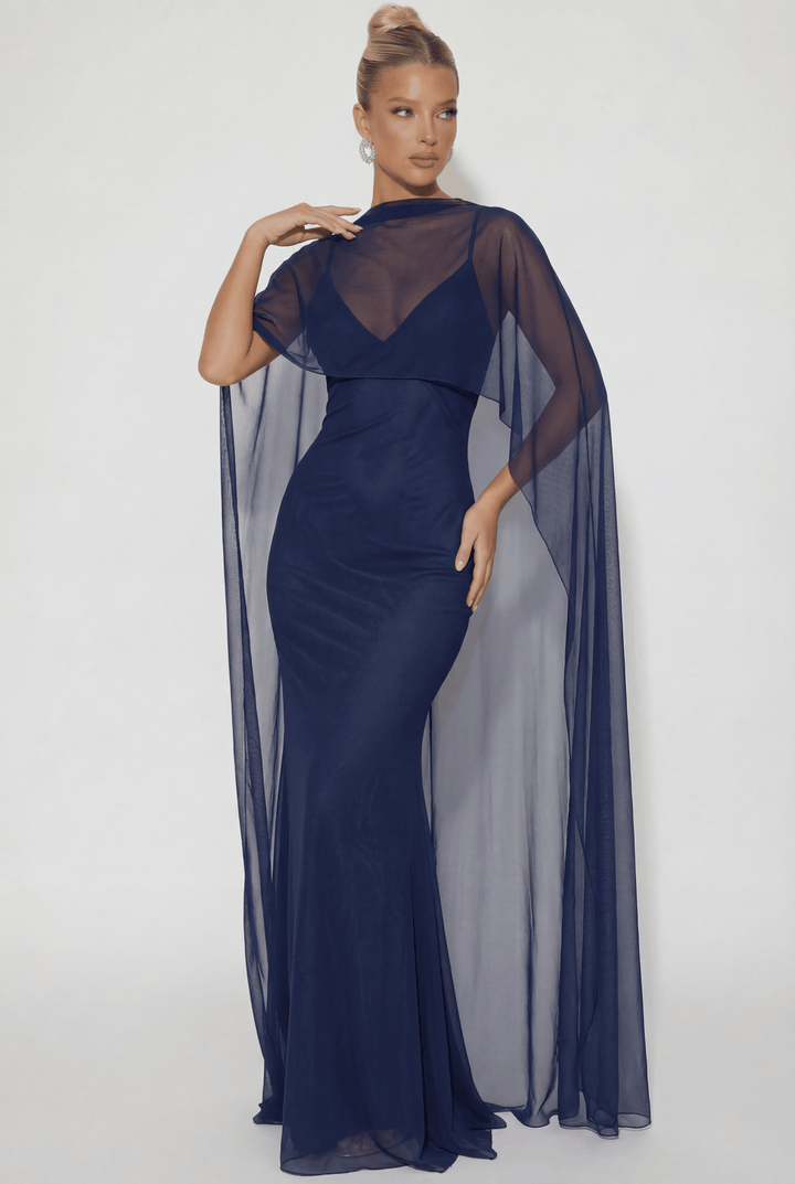 Heleen™ long dress by Emma & Rose Cape Town featuring soft, luxurious fabrics and an elegant cape detail.