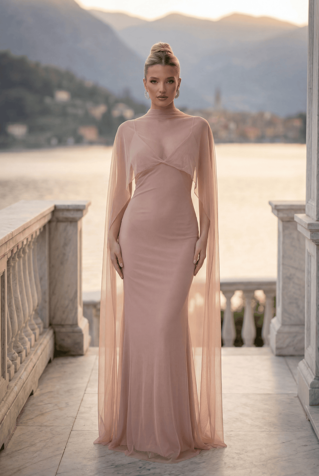 Heleen™ long dress by Emma & Rose Cape Town in soft, luxurious fabrics with elegant cape detail, perfect for formal occasions.