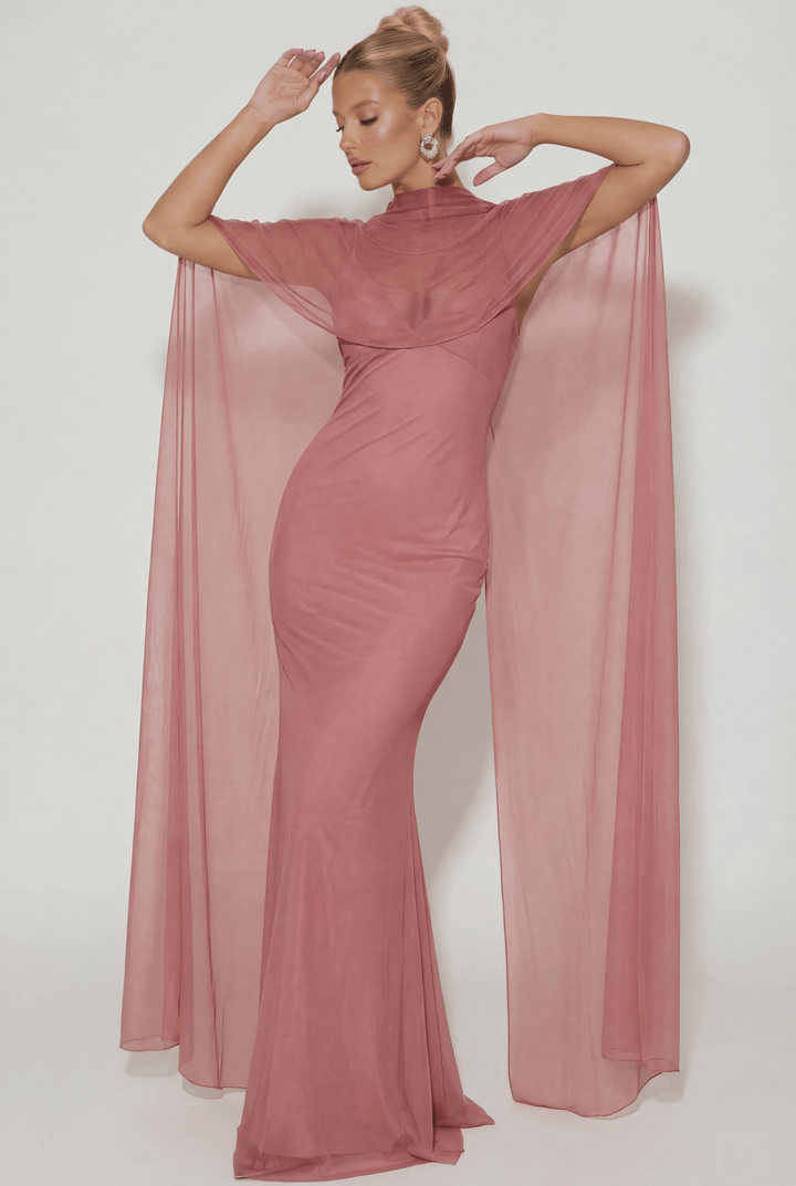 Heleen™ long dress by Emma & Rose Cape Town in soft luxurious fabrics with elegant cape detail, perfect for formal occasions.