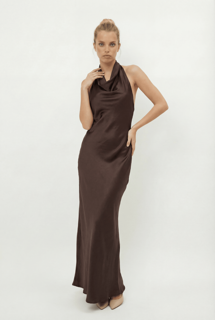 Ilse™ Emma & Rose Cape Town long dress with soft luxurious fabrics and elegant neckline, displayed on a hanger.