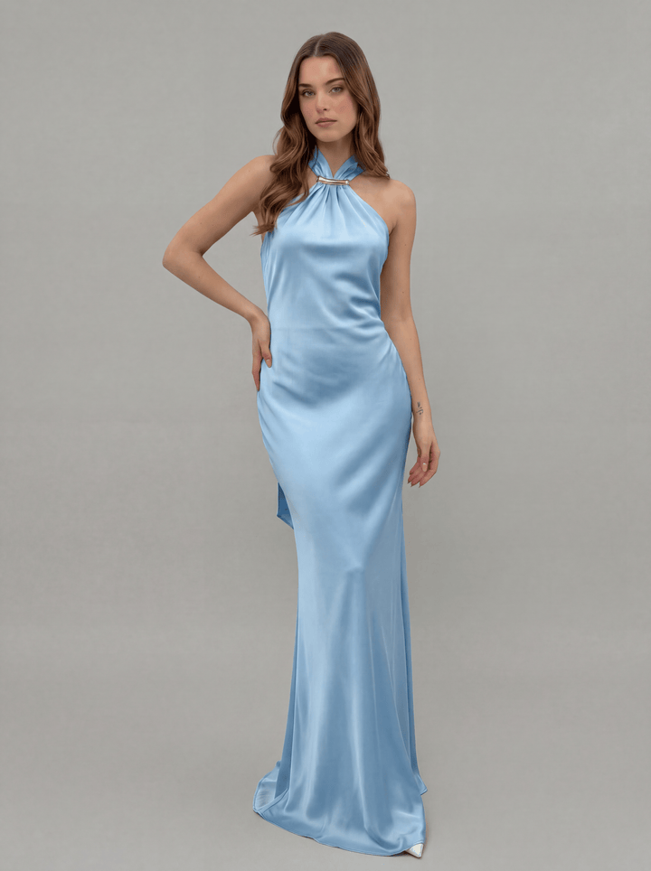 Jacoba™ long dress by Emma & Rose Cape Town in soft luxurious fabrics, featuring elegant design details and flowing silhouette.