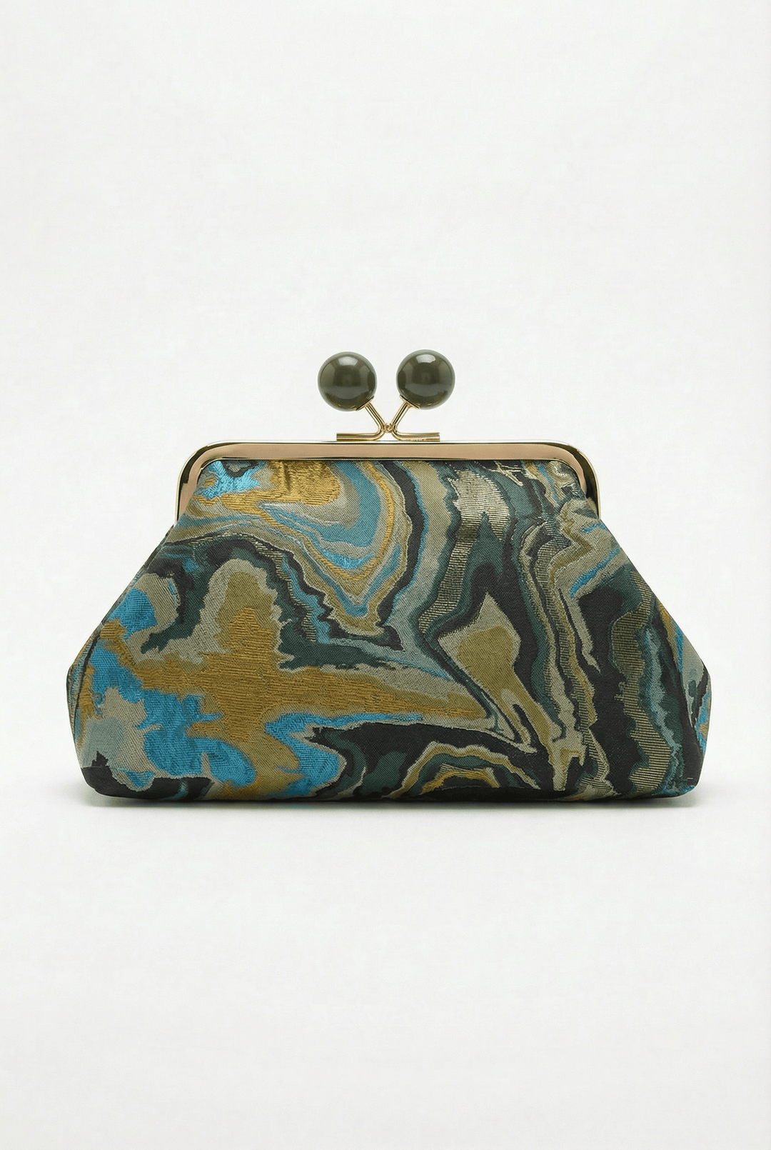 Simone™ elegant clutch bag closure from Emma & Rose Cape Town featuring a sleek metallic clasp on a stylish black borse.