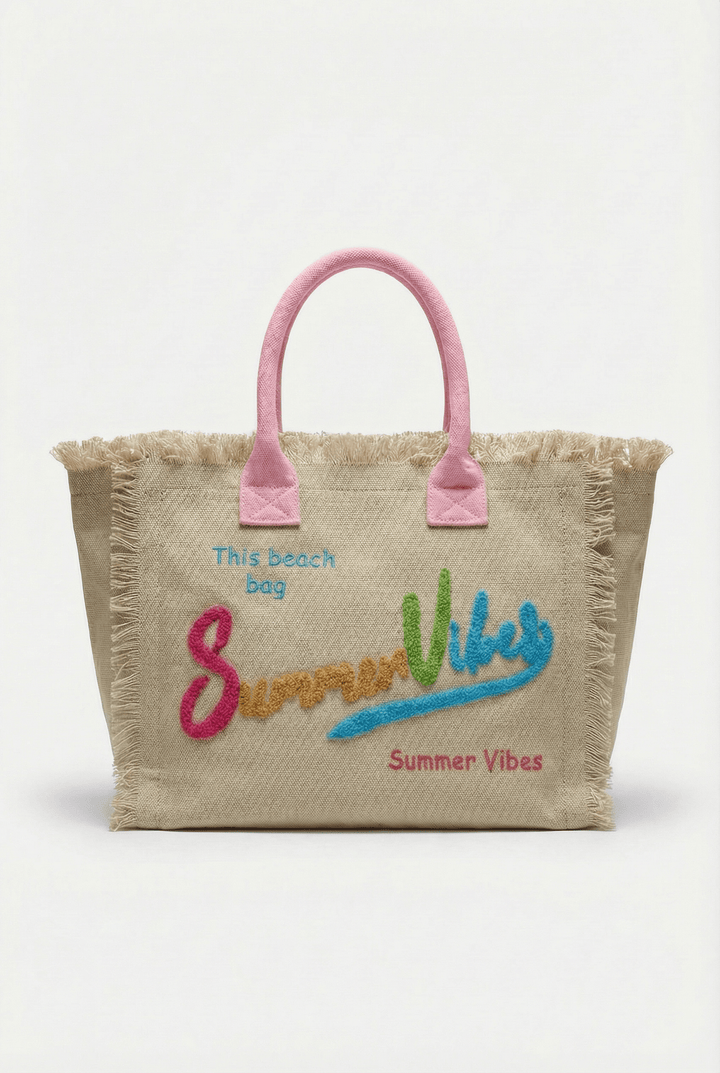 Summer™ Vibes Beach Bag by Emma & Rose Cape Town, stylish straw tote with colorful handles, perfect for beach days.