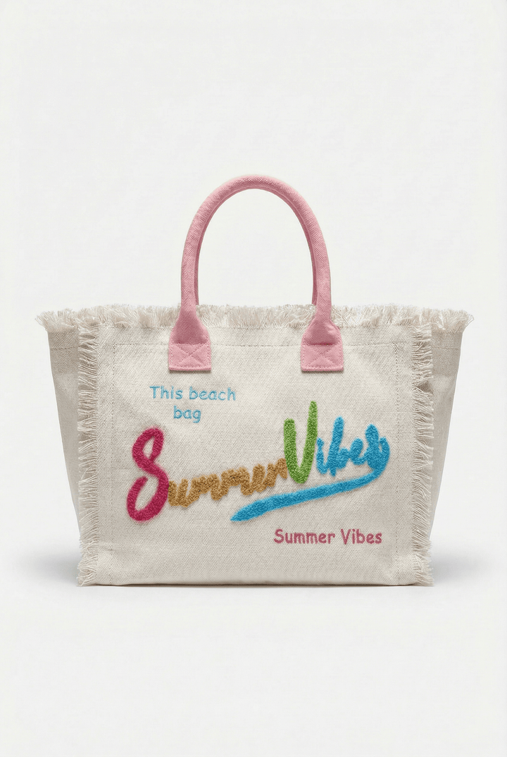 Summer™ Vibes Beach Bag by Emma & Rose Cape Town, stylish canvas tote with colorful tropical print and sturdy handles.