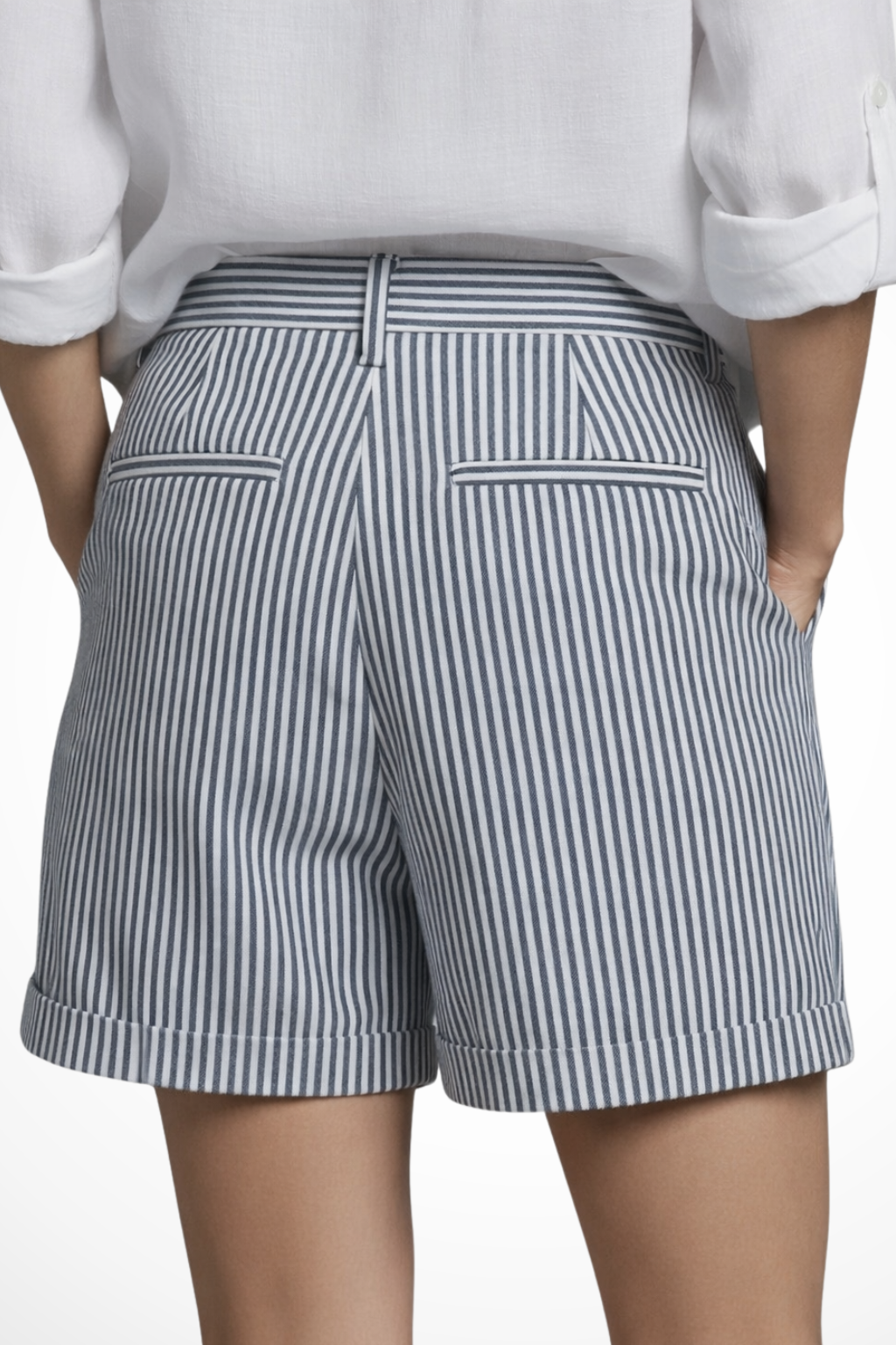 Women's Striped High Waist Tailored Shorts with Button Detail
