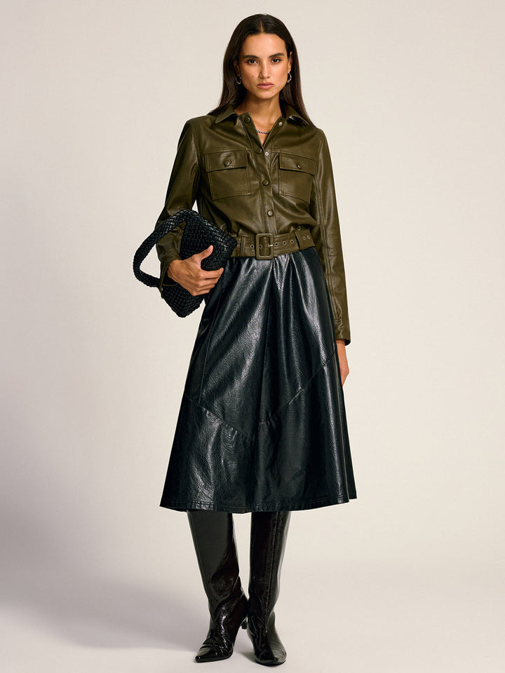 Women's Leather Effect Jacket with Belt Elegant Structured Cut, view 3 - Elena Harper