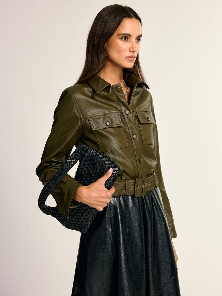 Women's Leather Effect Jacket with Belt Elegant Structured Cut, view 5 - Elena Harper
