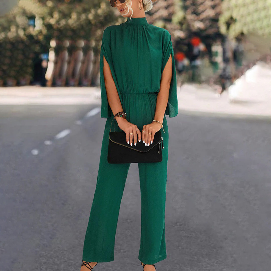 Elegant Wide Jumpsuit for Women – High Neck with Split Cape Sleeves 3/4