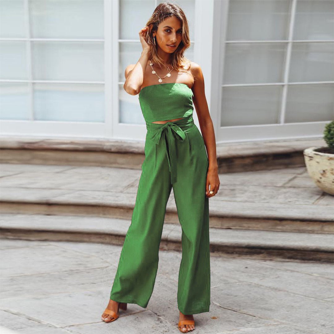 Women's Strapless Jumpsuit with Wide Legs – Elegant Tied Waist