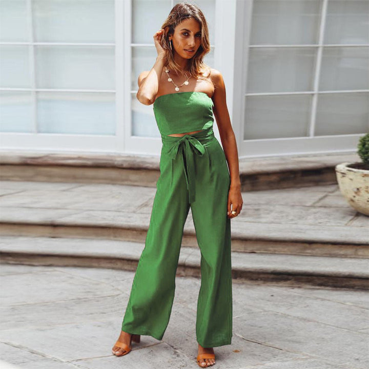Women's Strapless Jumpsuit with Wide Legs – Elegant Tied Waist