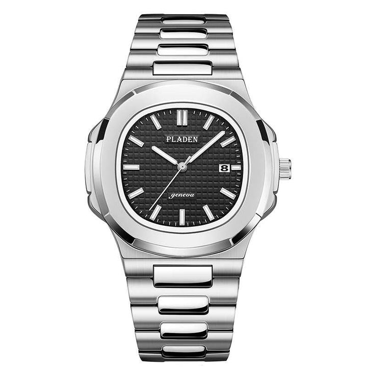 Emma & Rose Manhattan Roland™ stainless steel watch with a sleek round face and silver band, close-up view of the timepiece.