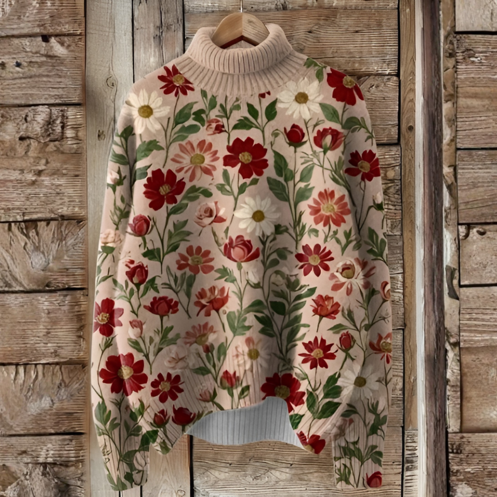 Vintage Christmas Art Print Knit Turtleneck Pullover Sweater - Elena Harper