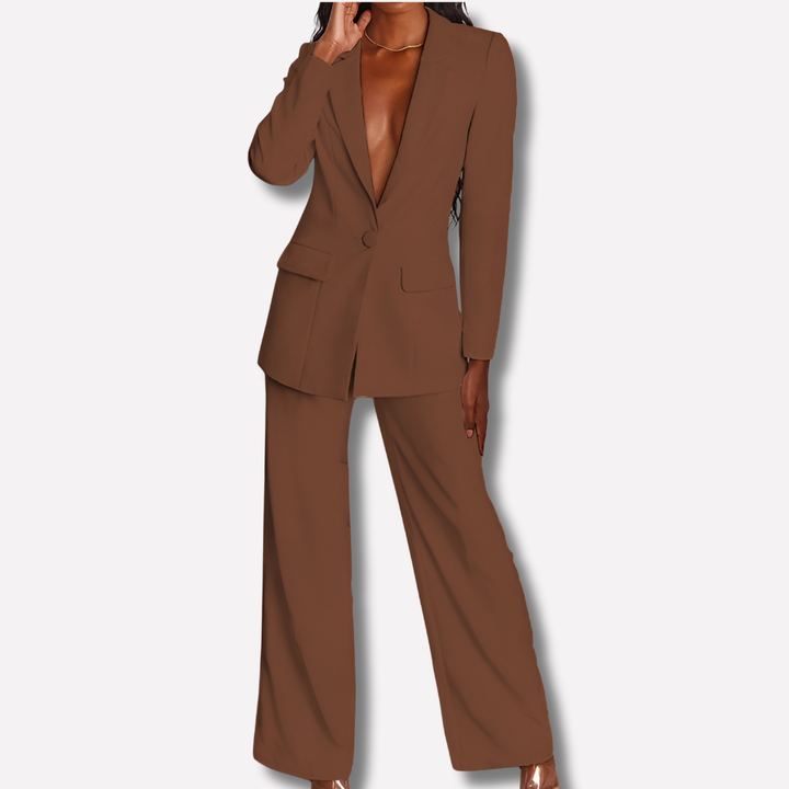 Ladies Blazer Set with Pants and Notch Lapel