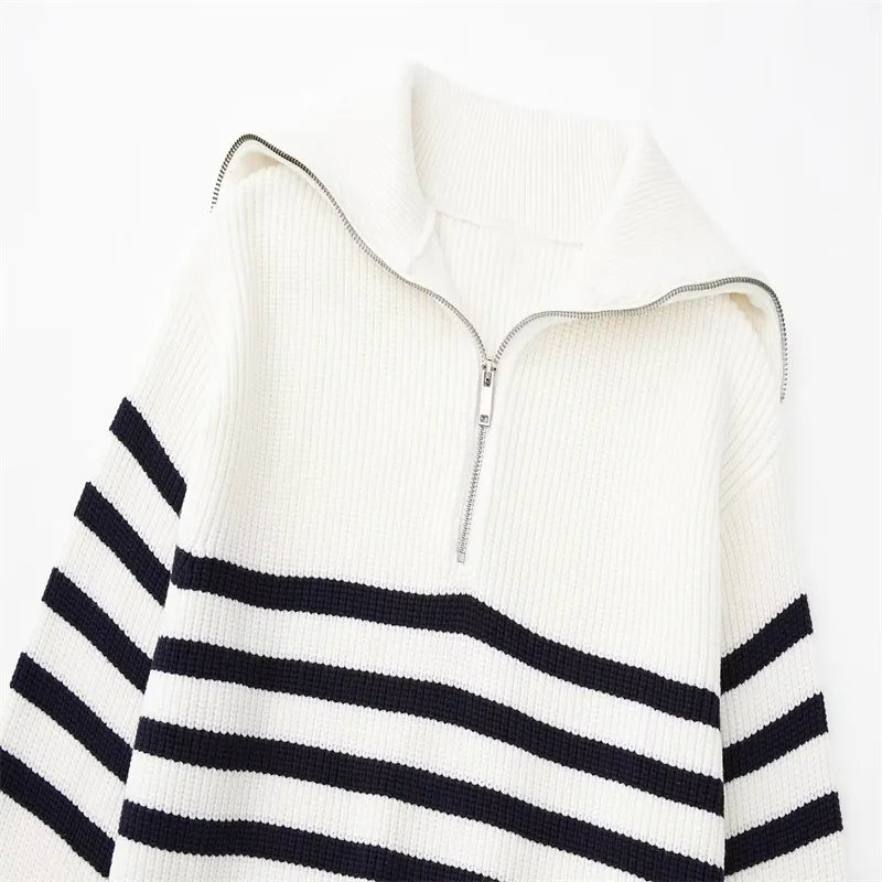 Emma & Rose striped zip-up sweater — premium knitwear