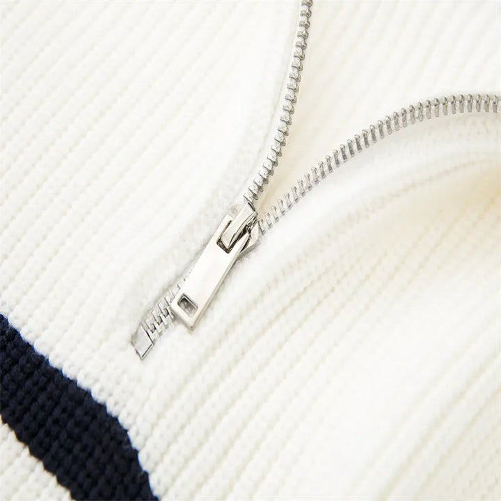 Emma & Rose striped zip-up sweater — premium knitwear