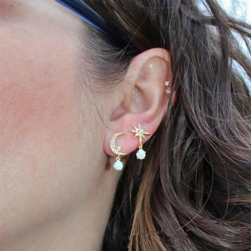 Moon and Star Earrings for Women - Gold Opal and Poetic Style.