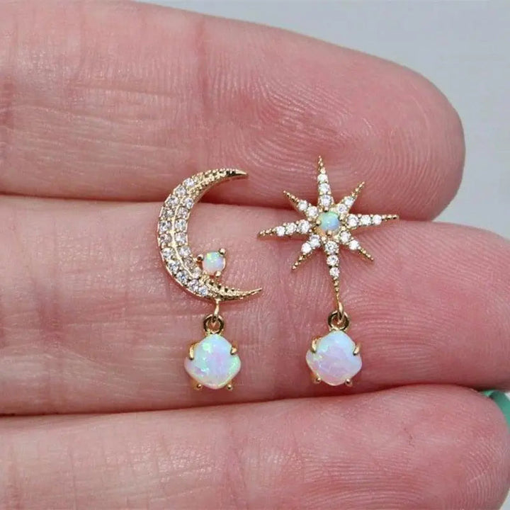 Moon and Star Earrings for Women - Gold Opal and Poetic Style.