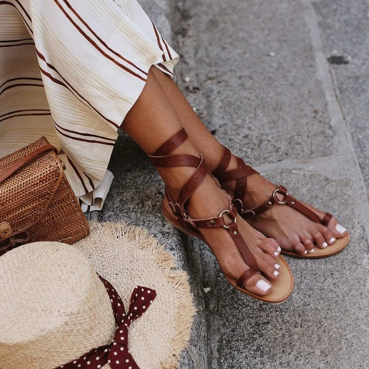 Women's Snake Print Gladiator Sandals - T-Bar - Ankle Wrap - Buckle