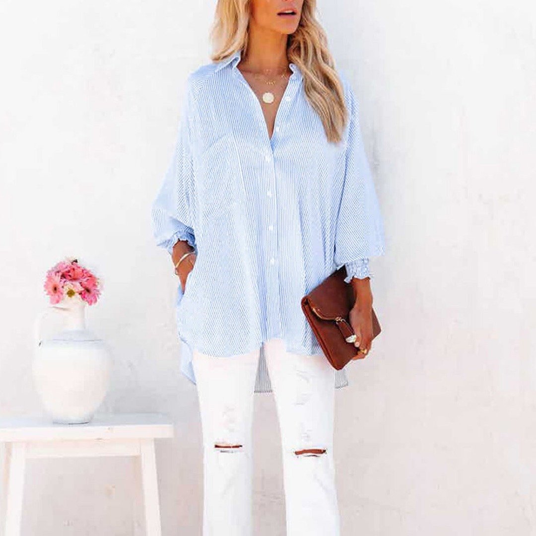 Harlow | Women's Cotton Striped Smocked Sleeve Button-Down Blouse
