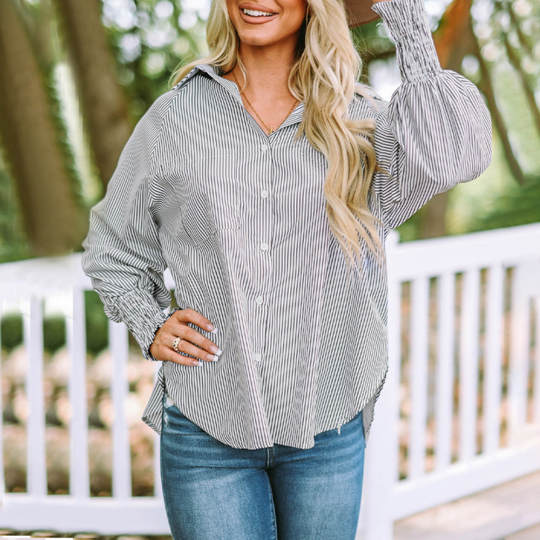Harlow | Women's Cotton Striped Smocked Sleeve Button-Down Blouse