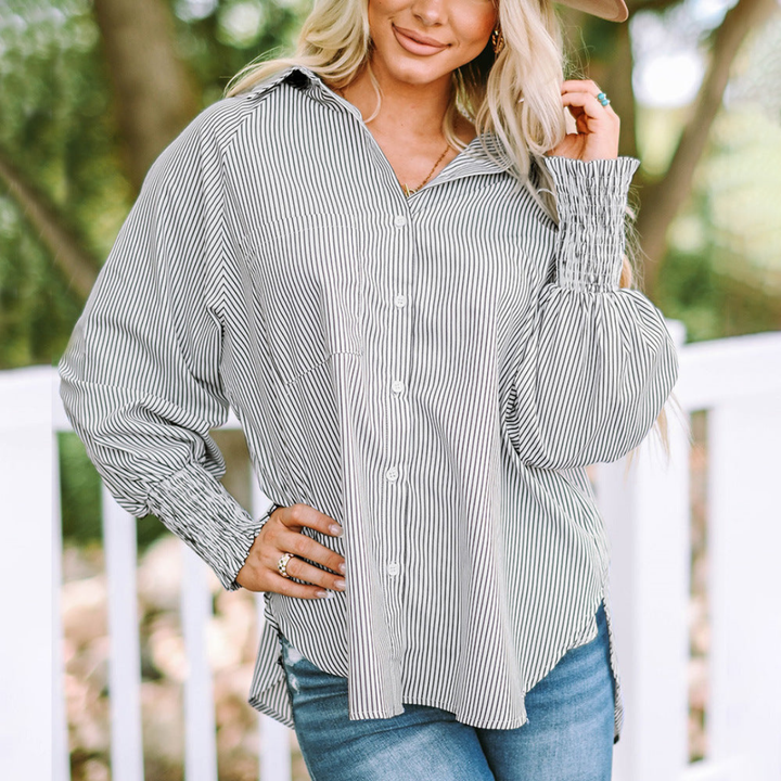 Harlow | Women's Cotton Striped Smocked Sleeve Button-Down Blouse