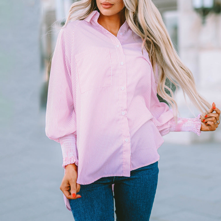 Harlow | Women's Cotton Striped Smocked Sleeve Button-Down Blouse
