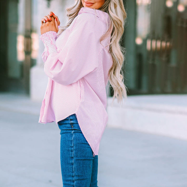 Harlow | Women's Cotton Striped Smocked Sleeve Button-Down Blouse