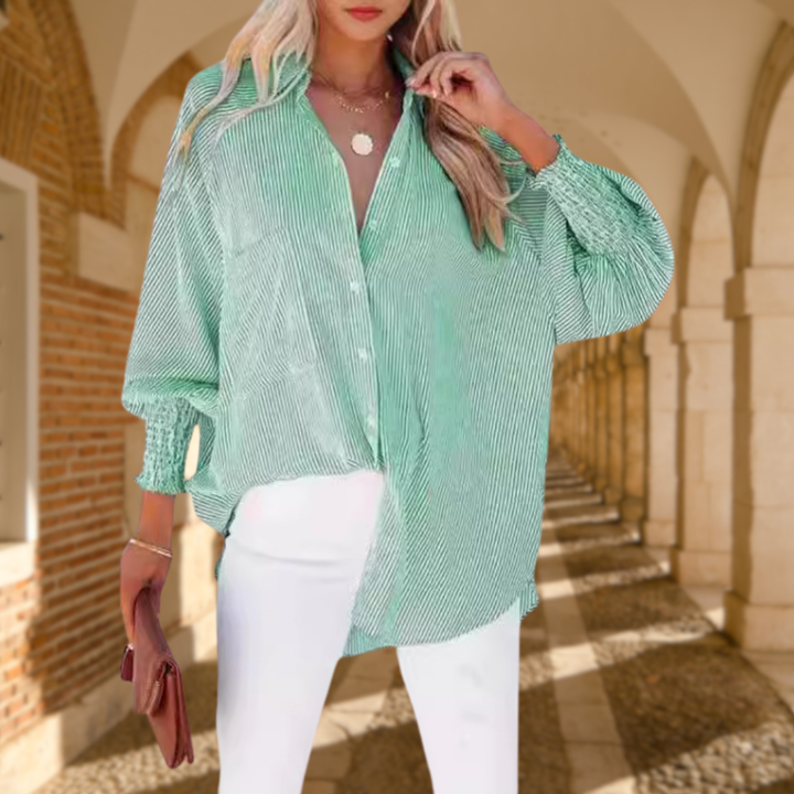 Harlow | Women's Cotton Striped Smocked Sleeve Button-Down Blouse