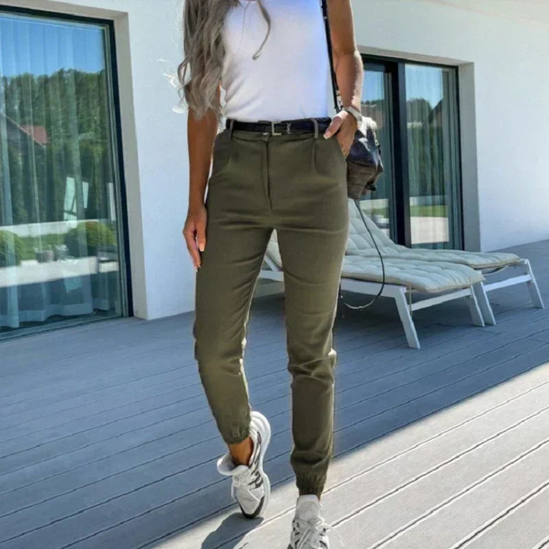 Women's Tapered Pants with Pockets and Mid-Rise Waist